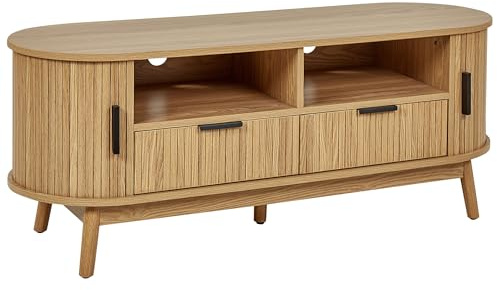 Meuble TV avec 2 Portes Coulissantes 2 Tiroirs 2 Étagères MDF Pieds en Bois Massif Bois Clair Selah