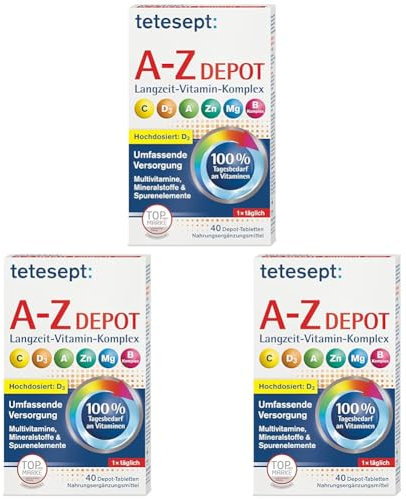 tetesept Vitamin A-Z Depot Tabletten | 3 x 40 Tabletten Depot | Nahrungsergänzungsmittel für eine umfassende Versorgung an Vitaminen, Mineralstoffen und Spurenelementen