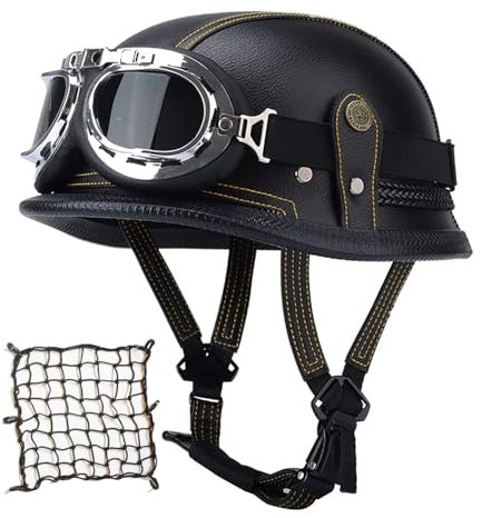 Labzaa Deutschen Motorradhelm Halbschalenhelm mit ECE, Retro Lederhelm Jethelme Vintage Mopedhelm mit Brille Sonnenblende, Offenem Helm für Herren und Damen B M