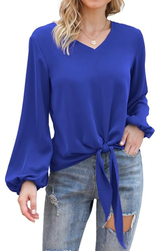Anelune Blusas para mujer, cuello en V, manga larga, elegante, color liso, ajuste holgado, blusa de gasa casual, tallas S-XXL, azul real, S