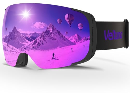 Veltuno Ski Goggles for Men Women Adult & Youth, OTG Snowboard Goggles Anti Fog, Snow Goggles UV Protection Wide Vision (Black Frame/Revo Purple Lens (vlt 14.7%))