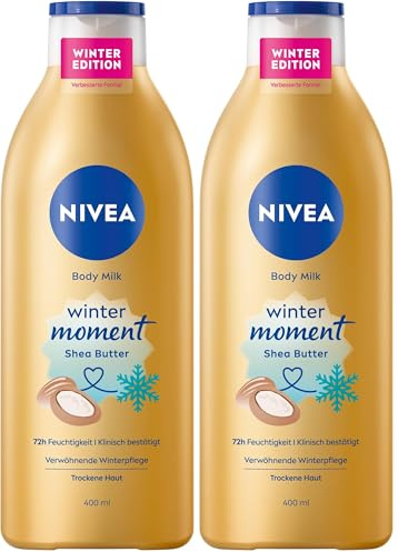 NIVEA Body Milk Winter Moment, Body Lotion mit Tiefenpflege Serum für 72h Feuchtigkeit, Körperlotion mit Sheabutter für trockene Haut, mit einzigartigem Winterduft (400 ml) (Packung mit 2)