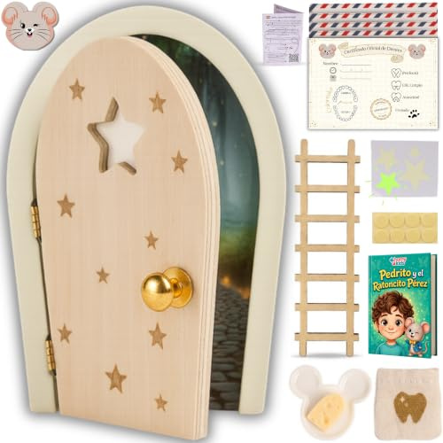 HOMYKIDS® Puerta Ratoncito Perez Magica | Abre y BRILLA | Cuento GRATIS | Certificados | Puerta Raton Perez Casita Ratoncito Perez | Idea Regalo Cajita Dientes (Natural, Ratón Pérez)