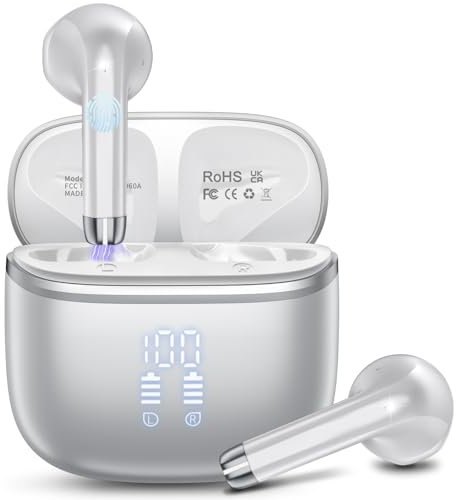 Écouteurs Bluetooth 5.4, Écouteur sans Fil avec 4 ENC Réduction Antibruit Mic Casque Bluetooth, 40 Heures Durée de Lecture, IP7 Etanche, Écran LED, Hi-FI Son Stéréo, Type-C, Argent 2025