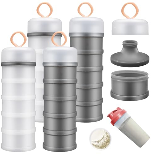 4Pcs Travel Protein Powder Container, 5 Layers Milk Powder Dispenser Portable Milk Powder Box Formula Container to Go with Funnels Stand for Workout Fitness Travel (Gray, White)