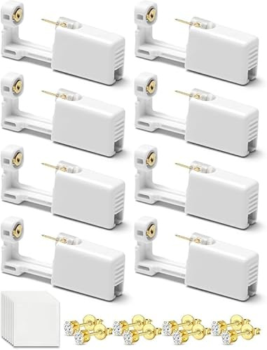 Yiorxu 8pcs Ear Piercing Gun Kit,Pain-Free Disposable Sterile Self Piercing Kit Set with 8 Medical Grade Studs Earrings Silver/Gold & Wipes for Teens,Women Men Girls Boys & Home Use (Crown Gold)