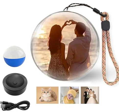 Générique Album Photo Numérique à Ultrasons 3D avec Boule de Cristal, Lampe à Mémoire de Forme, Affichage Vidéo Numérique, Boule de Cristal à Ultrasons de 7cm pour Couples, Animaux Domestiques,Bleu
