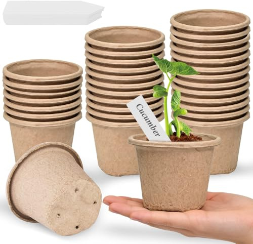 LGZIN 30 Pack Biodegradable Seed Pots, 11 cm Pot de Semis avec 30 Pcs Étiquettes, Pots de Démarrage Graines de Semis en Tourbe, Godets de Rempotage Degradable pour Serre Jardin Potager Fleur Semis