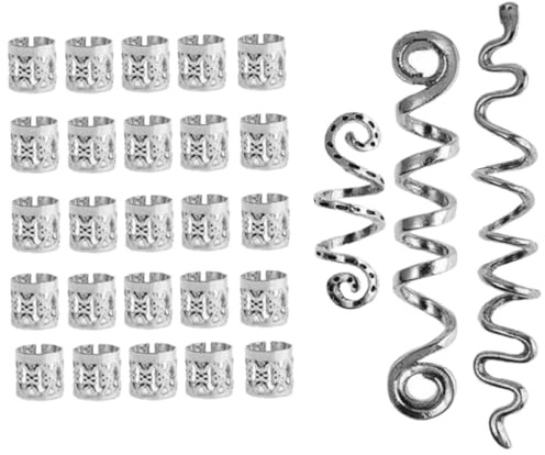 LOORGVEL 28Pcs Silver Metal Hair Rings Dreadlock Accessories Braids Jewelry Hair Charms Tubes for Women and Men