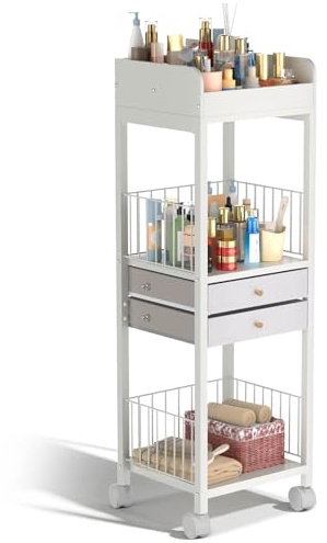 Makeup Organizer Storage Cart with 2 Drawers, Floor Skincare Make Up Storage, Versatile Makeup Vanity Display Cases Holder for Skin Care, Cosmetics, Perfume, Nail Polish, Makeup Brush, Hair Tool
