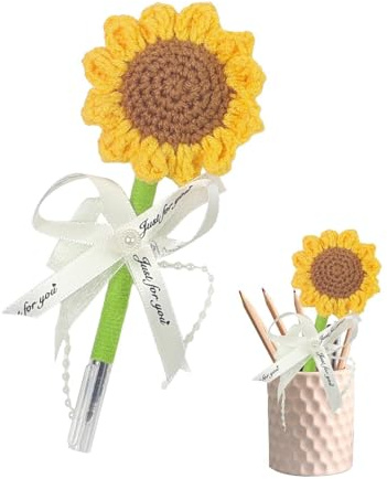 Pens With Flowers On Top - Crochet Sunflower Gel Pens | Knitted Writing Supplies Decor Stationery | Kids, Girls, Teachers, School, Work, Party Favor, Guest, Wedding