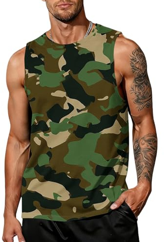 Mens Gym Vest Tank Top Lightweight Breathable Camouflage Crew Neck Sleeveless Shirt Summer Casual Quick Dry Durable Regular Fit Gym Jogging Activewear