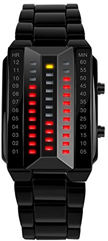 TONSHEN Herrenuhr Sportuhr Digitaluhr Cool Schwarz Edelstahl Binäre Uhr Rot und Gelb LED Licht Kleidung Rechteck Lünette Kalender Uhren (Damen)