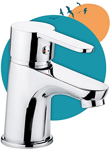 Calmwaters Wasserhahn Bad, Waschtischarmatur mit Zugstange, Armatur Badezimmer für Waschbecken, Mischbatterie mit Ablaufgarnitur, Badarmatur, Einhebelmischer, Waschbeckenarmatur, Messingkern, Chrom