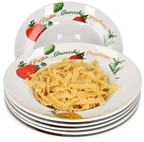 VAN WELL Milano - Juego de 6 Platos para Pasta (27 cm de diámetro, Platos hondos de Porcelana, vajilla gastronómica, Pasta y Pasta, Espaguetis, fusilli, macarónica, pene, Ravioli)