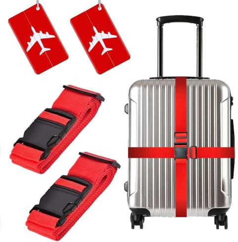 2 Pack Luggage Straps Set Adjustable Suitcase Belts Luggage Tags Travel Suitcase Tags With Name ID Card for Luggage Suitcase Travel Accessories (red)