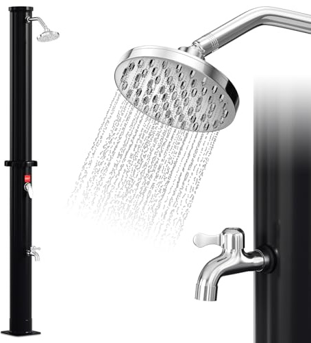 Randaco Ducha Solar para jardín, 20 L, Agua Caliente hasta 60 °C, sin conexión eléctrica, Ducha de Piscina, Camping con Ducha de pies y Cabezal de Ducha de Lluvia Giratorio, Color Negro