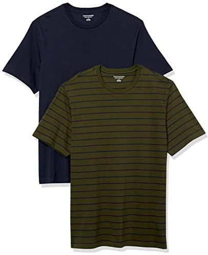 Amazon Essentials T-shirt en Coton à Col Rond à Manches Courtes, Coupe Classique Homme, Lot de 2, Bleu Marine/Vert Olive Rayures, M