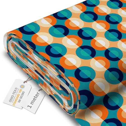 DreamRoots Tissu imperméable extérieur au metre 160 cm Largeur - Toile exterieure impermeable 100% de polyester 600D 220g/m - Tissus au metre ameublement Geometric Circles 1M