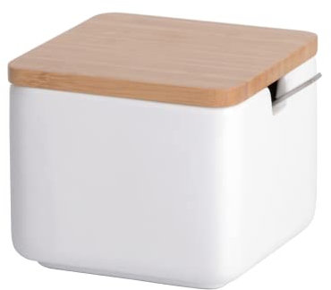 KOOK TIME boite a sucre, Sucrier pour la maison et la cuisine en céramique avec couvercle en bambou et cuillère en acier inoxydable (Blanc Cube)
