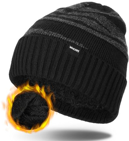 Wmcaps Wintermütze Herren, Thermo Winter Beanie Mütze Herren und Damen, Weiche Wollmütze mit Bündchen, Gestreifte Strickmütze Weihnachtsgeschenke Warme Stretchy Dickem Plüsch Mütze Männer(Schwarze)
