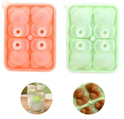 2 Stücke Bär Eiswürfelform, 4 Kammern Silikon Eiswürfelschalen Mit Deckel, 3D Bärenform Eisformen Mit Eiszange für DIY Kaffee, Milch, Saft