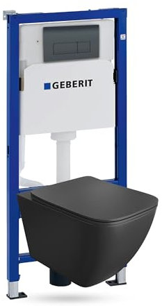 Lavita Duofix Basic Vorwandelement + Wand Tiefspül WC Onil Schwarz Spülrandlos + WC Sitz + Bedienplatte Delta 25 Schwarzer Knopf Komplettset Unterputz Spülkasten Toilette Komplett Sett WC