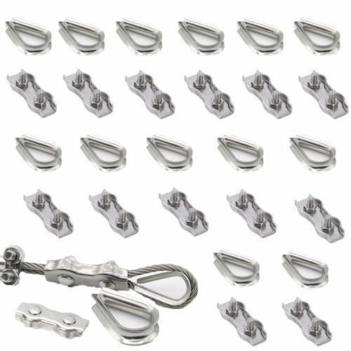 LSRVNM 14 Pezzi Morsetto Duplex M3 da e Anelli Metallici da 14 Pezzi, Morsetto Serracavo in Acciaio Inox 304 per Funi Metalliche per Funi Metalliche da 3mm Giardino, Cavi, Patio e Vele da Sole