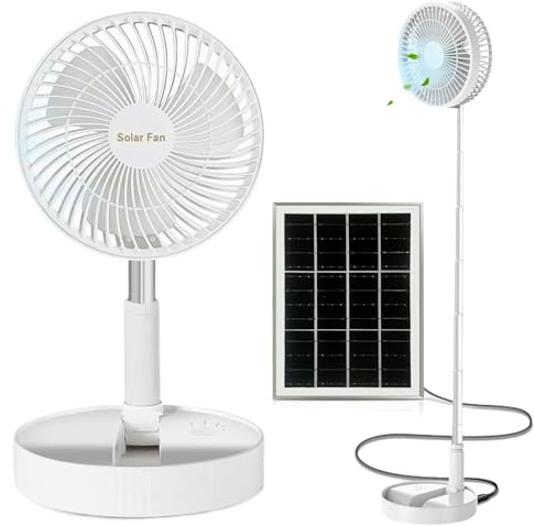 Credelin Soldriven utomhusfläkt, uppladdningsbar hopfällbar skrivbordsfläkt med solpanel batteridriven piedestal 3 hastigheter tyst höjd justerbar golvfläkt för hem, sovrum, resor