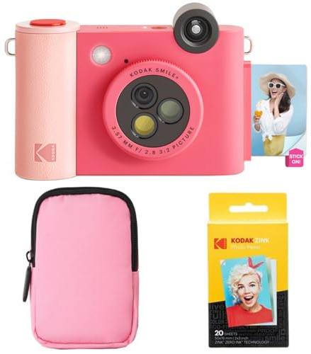 KODAK Smile+ 2-i-1 Direktutskriftskamera & Trådlös Foto Skrivare Startpaket + Mjukväska + Zink 20pk Foto Papper - 10MP, Rotationslins - Fuchsia