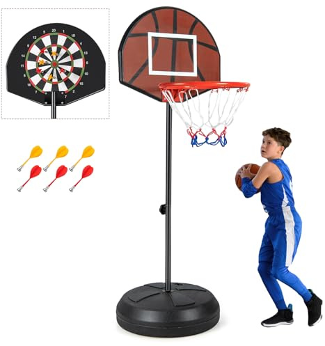 GYMAX 2-en-1 Panier Basket Enfants 3-10 Ans, avec Cible de Fléchettes, Hauteur Réglable 96/146cm, Base Remplissable Stable, 6 Fléchettes, pour Intérieur et Extérieur, pour Garçons et Filles