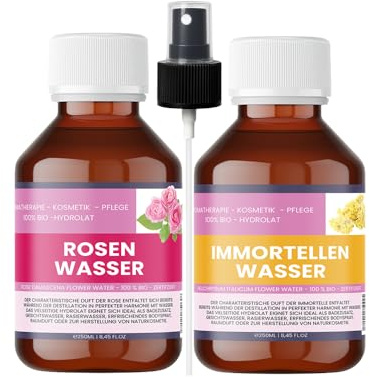Ekologisk rosenhydrolat & organisk immortellhydrolat – 2 × 250 ml – inkl. 1 × sprejflaska – 100 % naturliga organiska hydrolater – för hud, hår och aromvård – nakobe