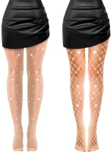 MAOSHYMS 2 Pièces Collants Résille Femme Extensibles Bas Résille à Strass Sexy Collant Resille Noir pour Carnaval, Fête de thème, Halloween (FR/ES, Numérique, Taille unique, Amande)