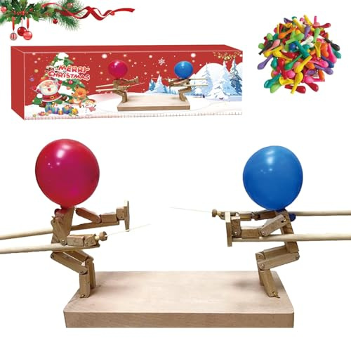 Balloon Bamboo Man Battle Game, Handmade Wooden Fencing Puppets Toys with 400 Balloons, Fun and Exciting Man Battle Whack a Balloon Party Games for Adults Kids 2 Players (Christmas Box)
