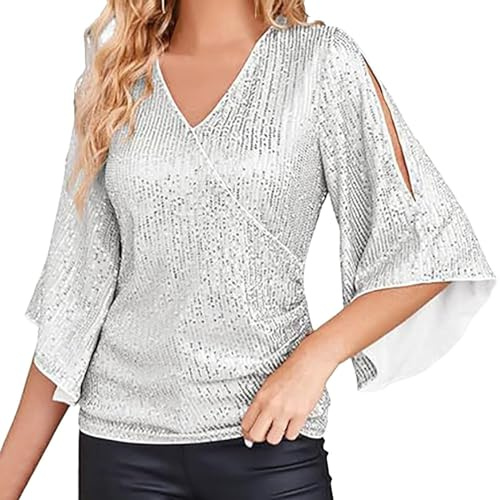 Blusa de manga 3/4 con lentejuelas para mujer, blusa brillante con cuello en V, estilo elegante, perfecta para fiestas de noche y ocasiones especiales, 1 x plata, M