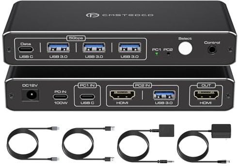 FQuanmap HDMI KVM Switch 2 PC 1 Monitore 4K@60Hz USB C KVM Switch HDMI 2 Port für 1 Laptop 1 Desktop Share 1 Monitor Tastatur Maus Festplatten Drucker Support 100W Laden für Laptop