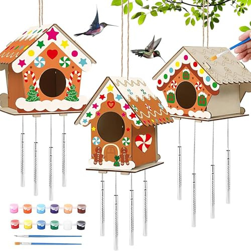 Pruojhw Kit de Construction de Maison d'oiseaux de Noël pour la décoration de la Maison, nichoirs inachevés pour Le Bricolage, Maison de Bricolage de Noël avec 12 Couleurs, 2 pinceaux, 2 Cordes, 3