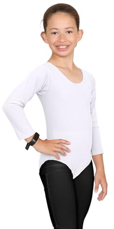 janisramone® Kids Gymnastics Leotards for Girls, Long Sleeve Leotards for Girls for Gymnastics and Dancing, Microfibre Girls' Gymnastics Leotards Ballet Leotard for Girls Aged 3-13 Years White