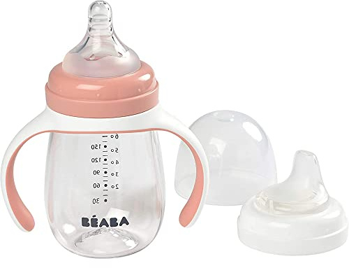 BÉABA Taza de Aprendizaje con Boquilla para Bebe, Biberón 100 % hermético, Taza Antigoteo con pajita, Antiderrame, 2 en 1, Asas extraíbles, Resistente, Tritan y silicona, 210ml, Rosa