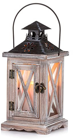 Sziqiqi Lanterna Portacandele Lanterne a Candela Decorative in Metallo in Legno Invecchiato Vintage per Centrotavola per Natrimonio Rustico Lanterna Pensile Fattoria da Interno e Esterno Decor 28cm