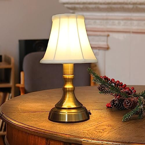ACMHNC Rechargeable Table Lamp, LED Cordless Table Lamp, Retro Battery Table Light for Bedroom Bedside Restaurant, Touch Dimmable, Fabric Shade, Warm White, Gold