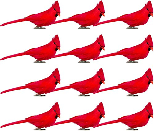 KLEWEE 12 Pack 5.5 Inch Red Cardinal Ornaments Clip on Cardinals for Christmas Tree Real Feather Artificial Red Birds Ornaments for Christmas Tree Wreaths Garland Decorations, Arts and Crafts