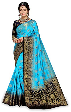 C J Enterprise Sari de seda kanchipuram pura para mujer con pieza de blusa (Marry Gold), Azul Cielo Azul Marino, talla �nica