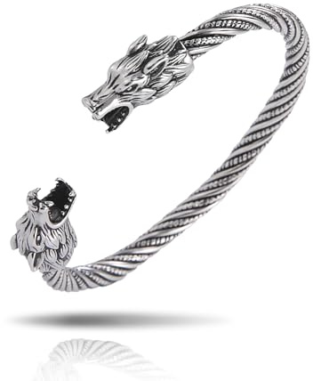 SIPURIS Fenrir herrarmband i rostfritt stål viking varghuvud nordisk flätad sladd justerbart öppet armband för män smycken, verstellbar, Rostfritt stål Sten, Ingen ädelsten