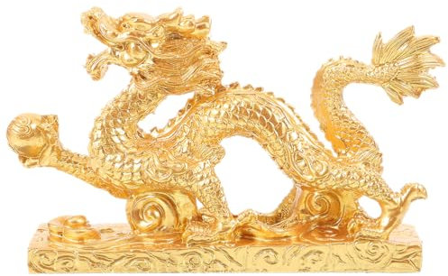 ABOOFAN Estatua Dorada Feng Shui del Dragón Zodiacal Chino - Figura Coleccionable de Resina para la Suerte y Riqueza - Decoración para Hogar u Oficina