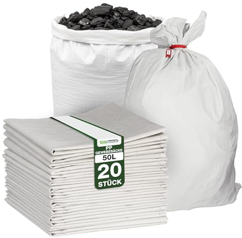 ToolSpace 20x Sacchi in Rafia Polipropilene 65×105 cm Sacchi Resistenti per Carico Pesante 50 kg Edilizia Cantiere Smaltimento Sacco di Sabbia Antiallagamento vuoti Rifiuti Costruzione Sabbia
