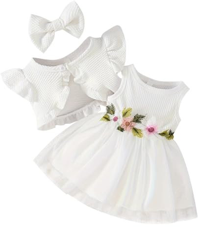 FYMNSI Baby M?dchen Prinzessin T?ll Kleid Mit Strickjacke 1. Geburtstag Outfit Kleinkinder Sommer Partykleid Fr?hling Festliches Festkleid Geburtstag Hochzeit Abendkleider Taufkleid Wei? 6-9 Monate