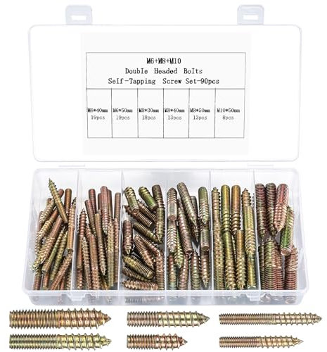 90 Pièces Vis de Suspension M6 M8 M10 à Double Tête, Sans Tête, Autotaraudeuses en Acier Galvanisé pour Connexion en Bois, 30/40/50 mm