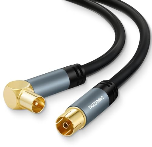 Thzzhnno TV Antenne Droite Angle RG6 Coaxiaux Câble 3M, Plaqué or 90 Degrés Angle Droite Mâle vers Femelle Connecteur, Câble Coaxiaux pour HDTV, CATV, DVB- T2 /C/S, Modem Câble, Récepteur Satellite