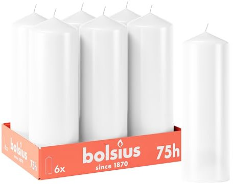Bolsius Glatte Stumpenkerzen - Weiß - 6 Stück - 20 x 7 cm - Dekorative Haushaltkerzen - Brenndauer 75 Stunden - Unparfümierte - Enthält Natürliches Pflanzenwachs - Ohne Palmöl